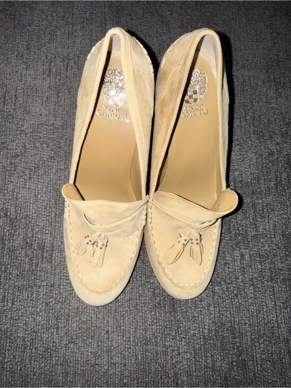 Vince Camuto Cefinlyn Suede Tassel Loafer Pumps Beige Size 11M Block Heel - Picture 10 of 16